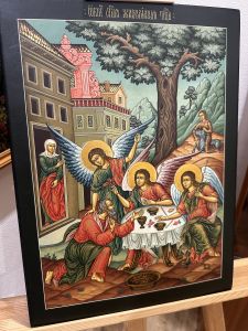 Рукописная икона Живоначальная Троица (Размер 35х47 см)