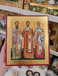 Рукописная икона Василий Великий Иоанн Златоуст Григорий Богослов
