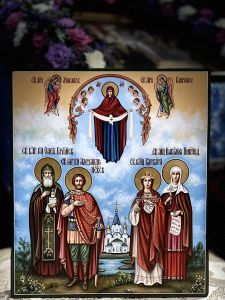 Рукописная икона семейная №131 (Александр Невский, Олег Брян., Варвара, Наталия Ником.)