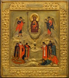 Рукописная икона Живоносный Источник с окладом 19 века (Размер 27х31 см)