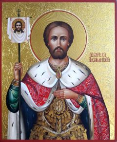 Рукописная икона Александр Невский с резьбой и золочением