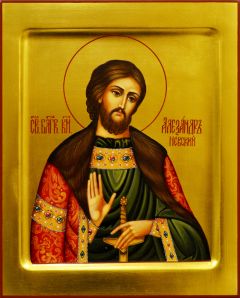 Рукописная икона Александр Невский на золоте