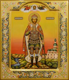 Рукописная икона Александр Невский с резьбой и полировкой золота