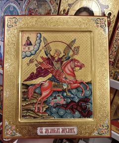 Рукописная икона Архангел Михаил грозных сил воевода №6 (Размер 27х31 см)