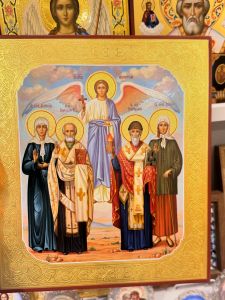 Рукописная икона Собор Чудотворцев с Ангелом Хранителем (Размер 27х31 см)