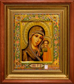 Рукописная икона Казанская с херувимами №121 (Размер 27х31 см)