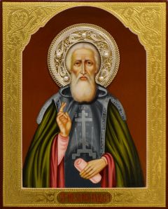 Рукописная икона Сергий Радонежский со сканью №24 (Размер 17х21 см)