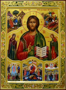 Рукописная икона Спаситель с клеймами