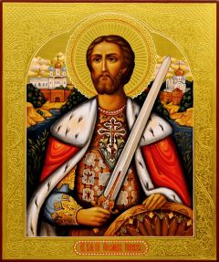 Рукописная икона Александр Невский с резьбой и золочением
