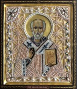 Рукописная икона Николай Чудотворец с жемчужным окладом (Размер 19*22 см)