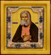 Рукописная икона Серафим Саровский с жемчугом (Размер 13*14 см)